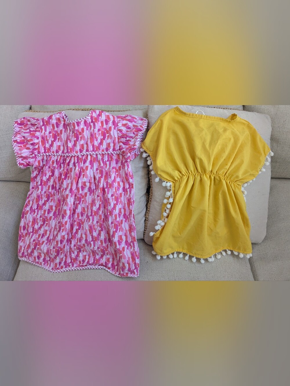 Girls' Pink Patterned & Yellow Pom-Trim Tops